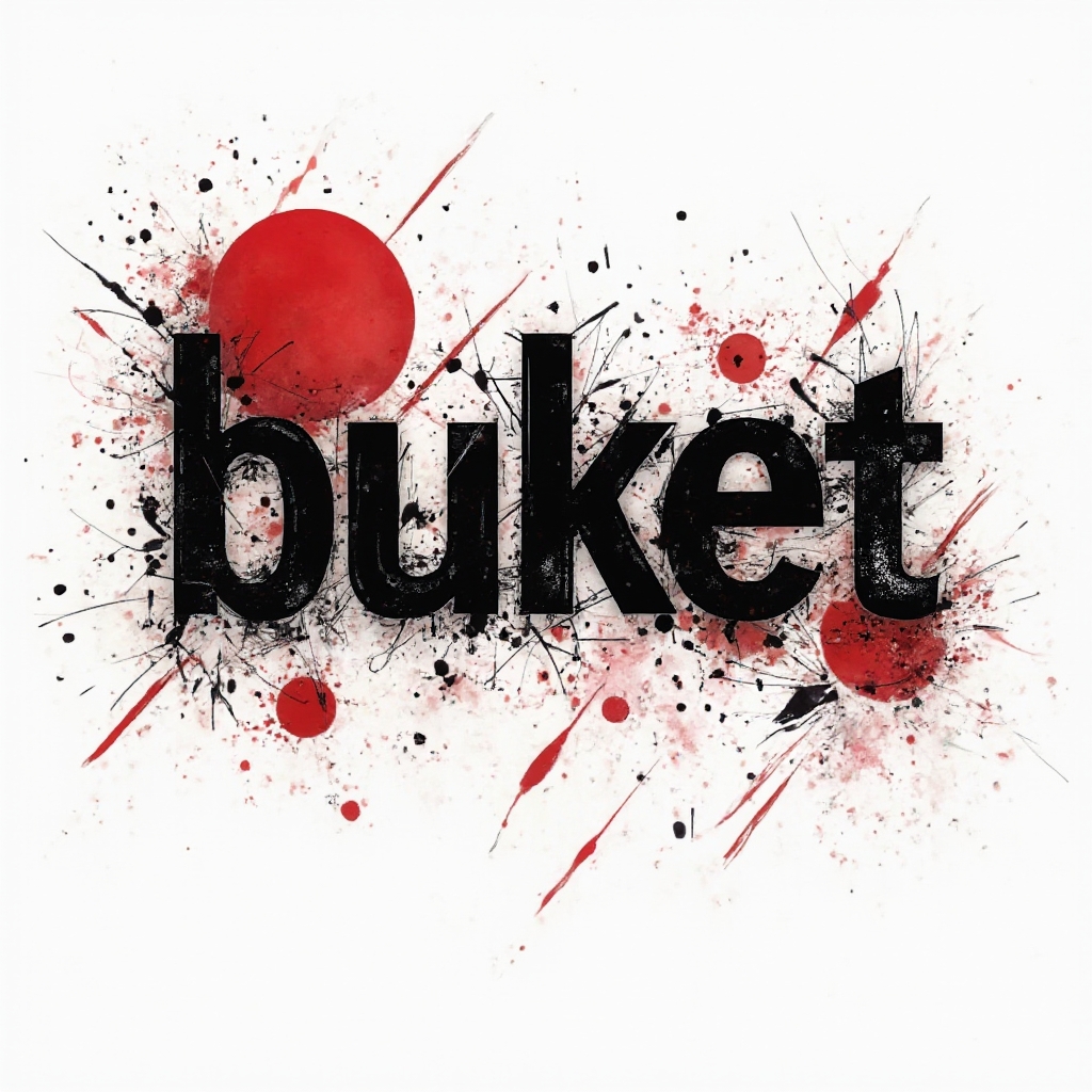 Trash Polka style tattoo design of the name buket with bold black and red fragmented lettering on white