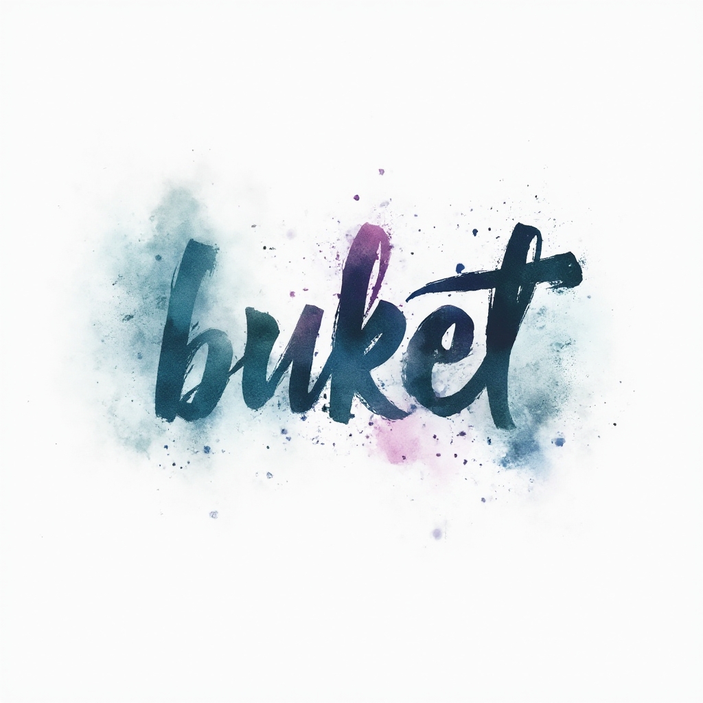 Watercolor tattoo concept with the name buket painted as flowing colorful brushstroke lettering on a white background