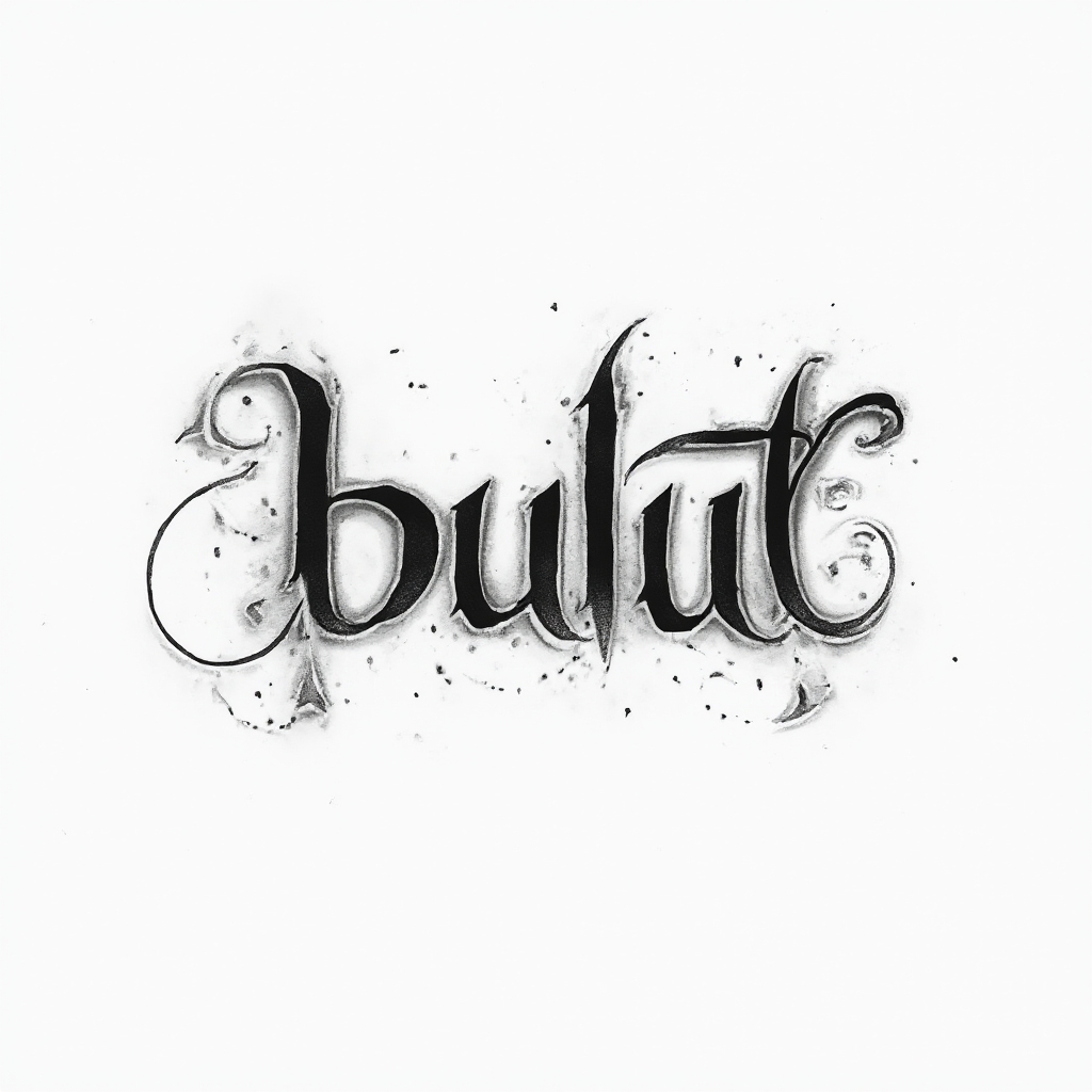 Monochrome tattoo design where the name bulut appears as sculpted flowing black ink lettering with fine ornament on a white background.