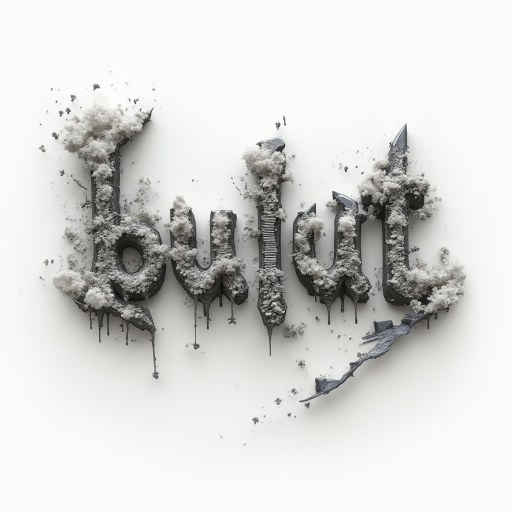 Surreal tattoo design where the name bulut is formed from floating stone and liquid metal shapes on a white background.