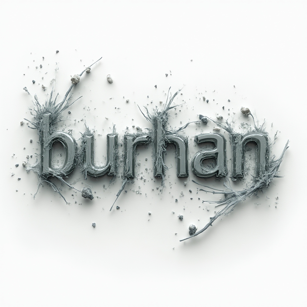 Surreal tattoo design of the name burhan as melting, floating letterforms with abstract fragments on a white background.