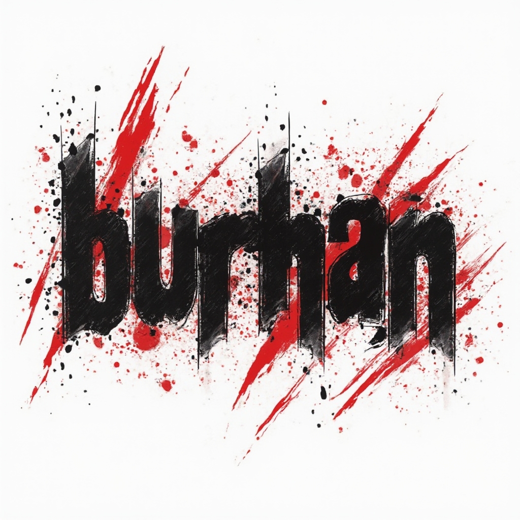 Trash Polka tattoo design of the name burhan with bold black lettering, red smears, and splatters on a white background.