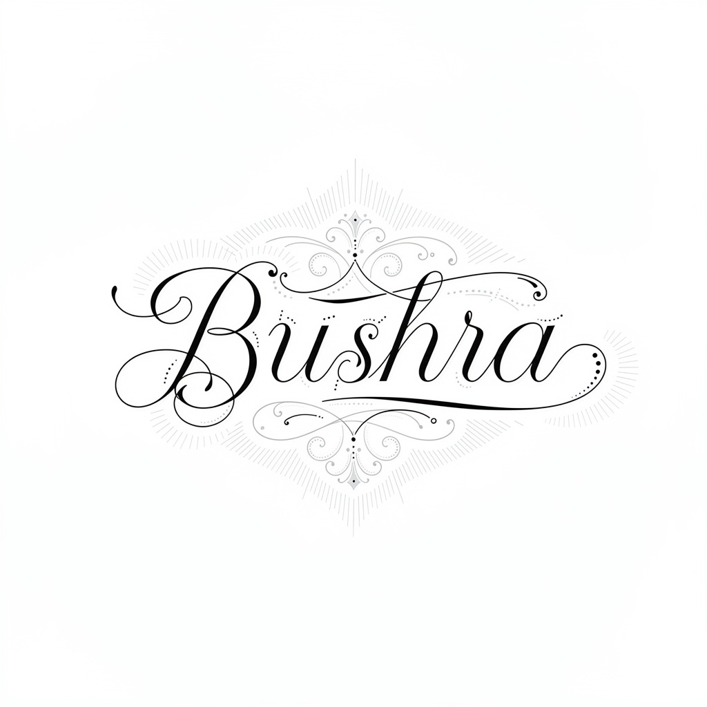 Fine-line ornamental tattoo design of the name Bushra in an elegant luminous script style.