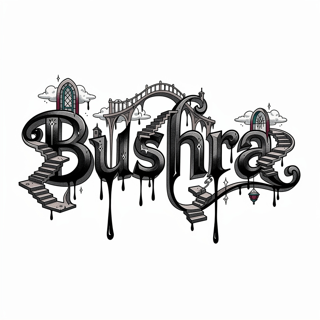 Surrealist tattoo artwork where the name Bushra forms a dreamlike, distorted word design.
