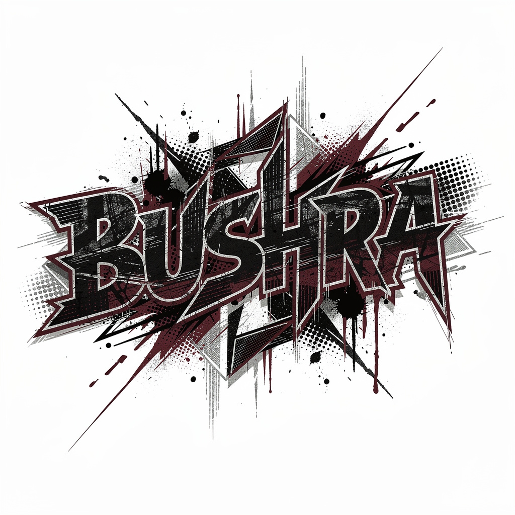 Trash Polka style tattoo design of the name Bushra with bold black and red effects.