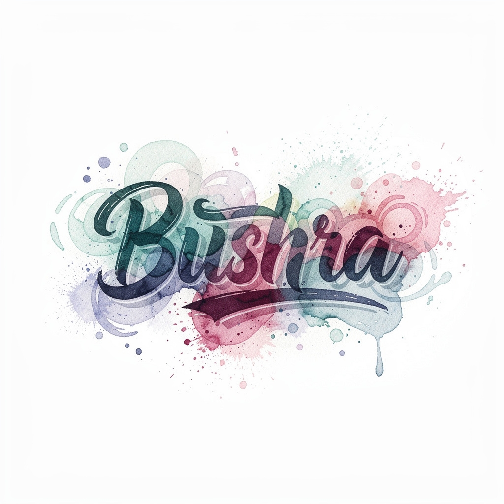 Watercolor tattoo design featuring the name Bushra in flowing brush-style lettering.