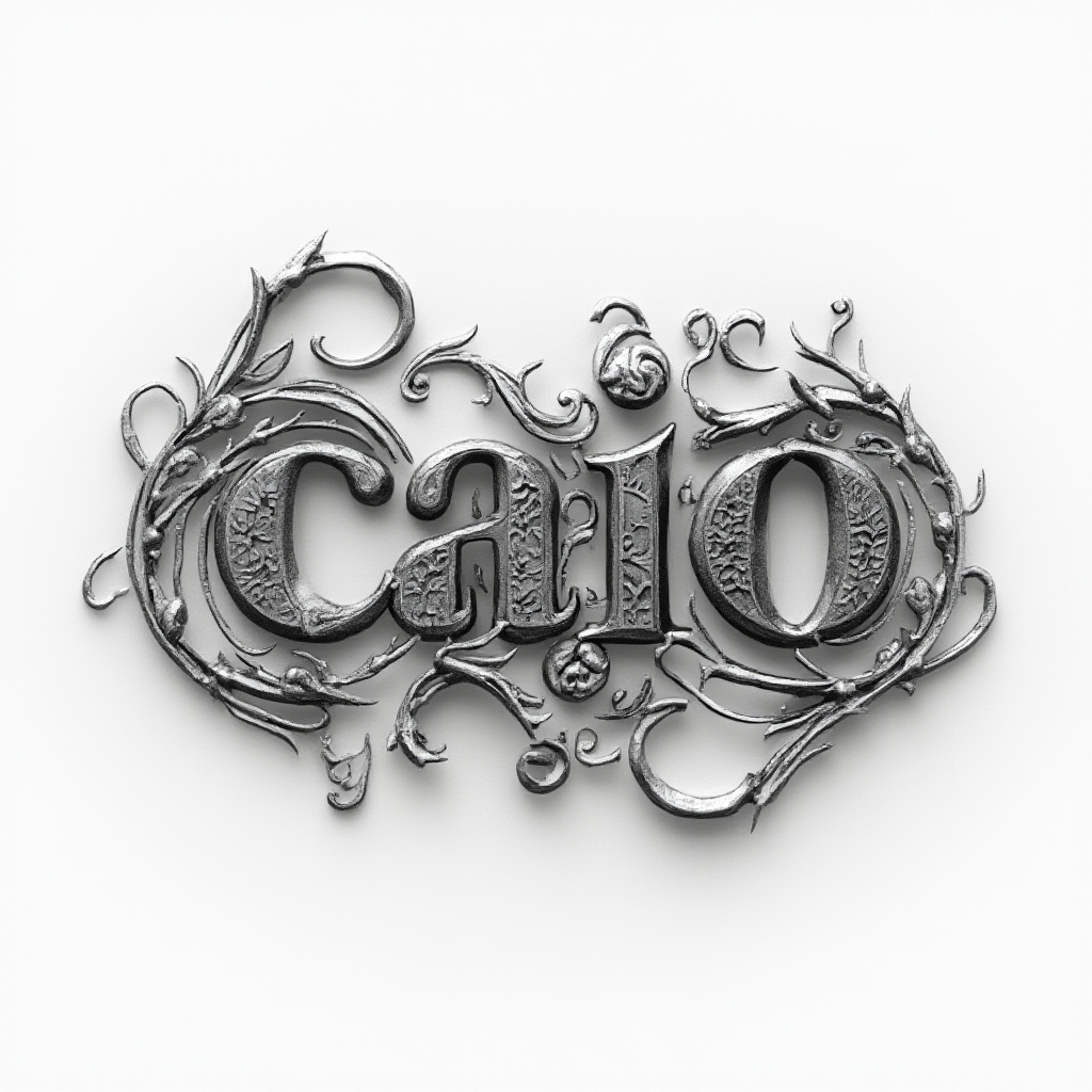 Dimensional tattoo design of the name caio as intricately sculpted ornamental lettering on a white background.