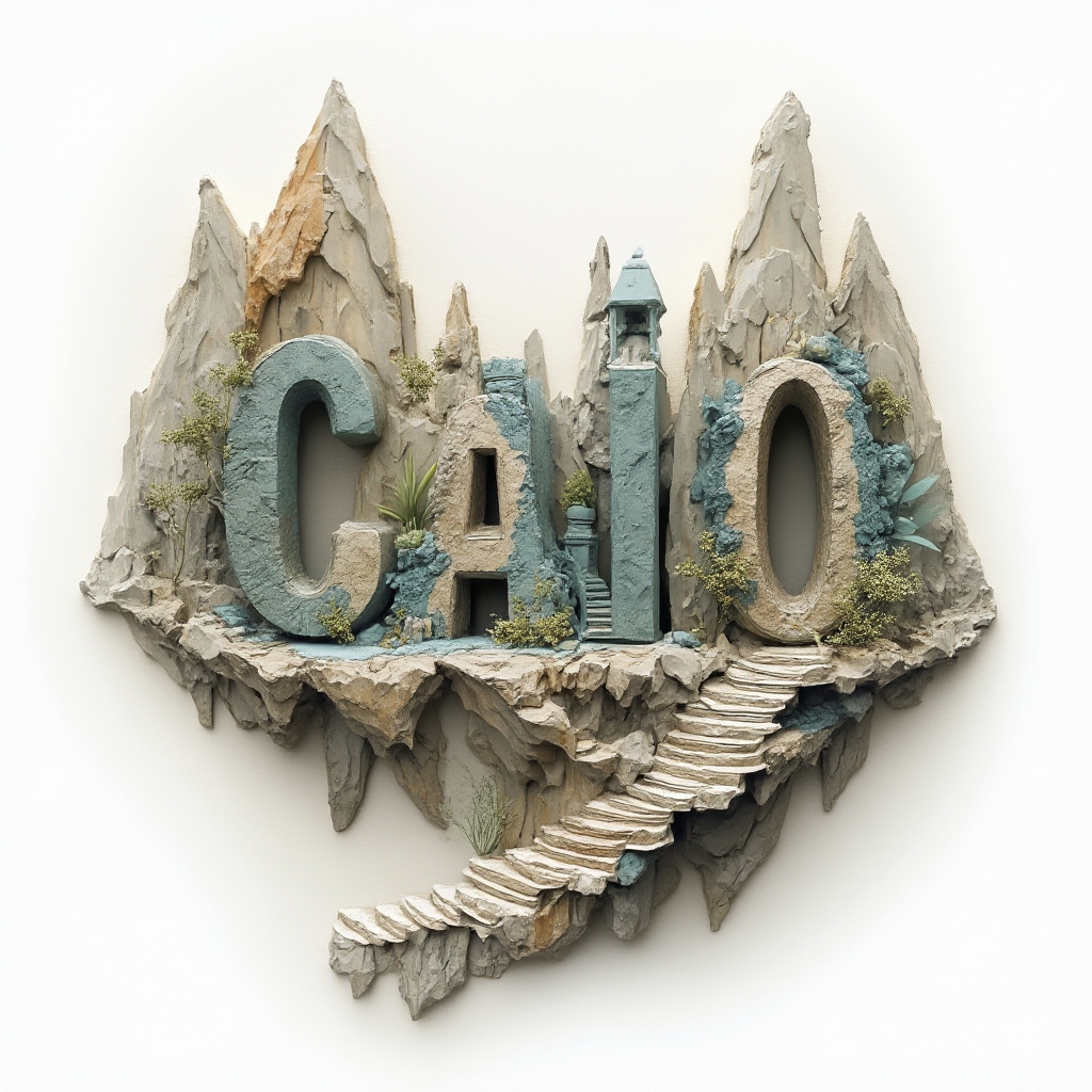 Surreal tattoo design where the name caio is built from dreamlike architectural and organic forms on a white background.