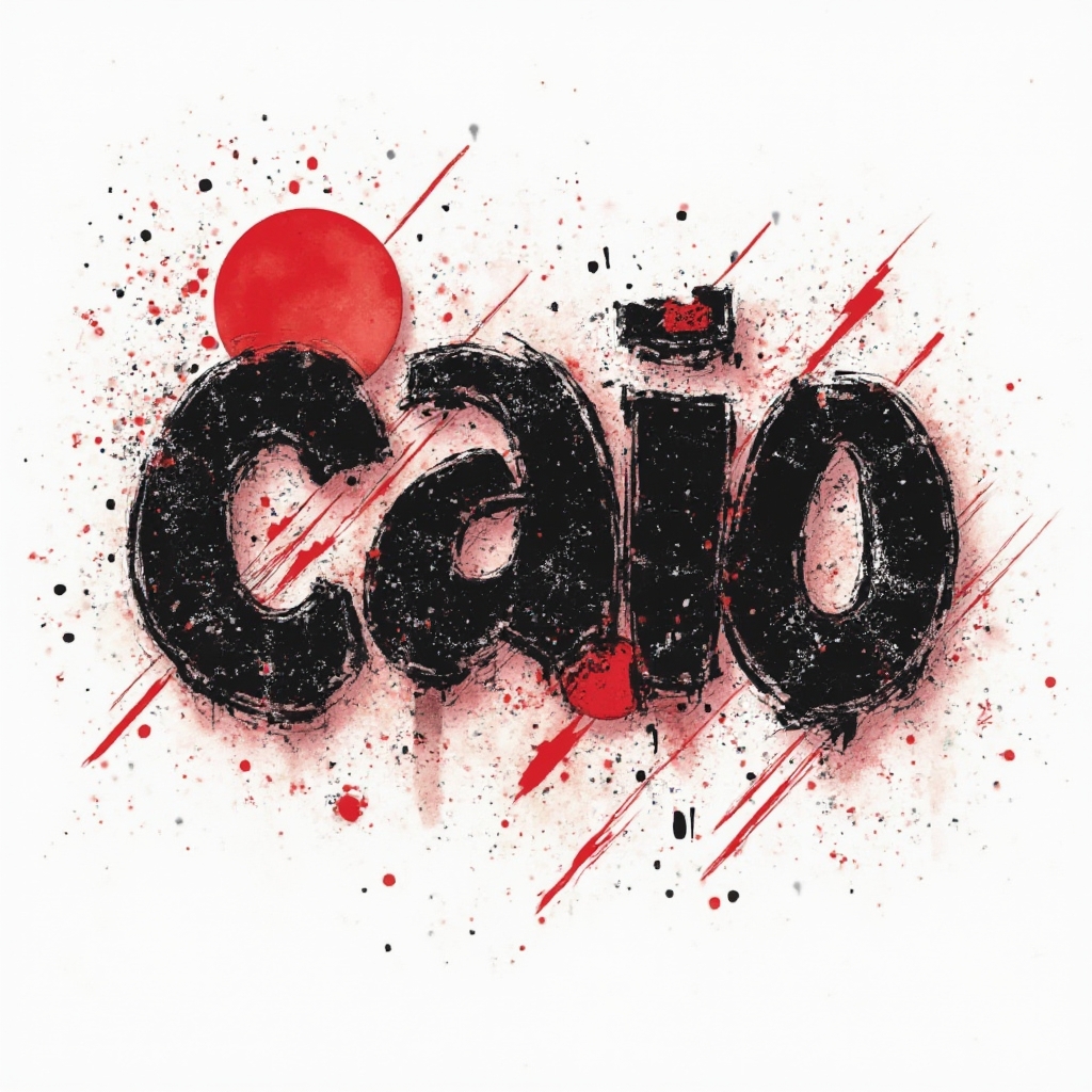Trash Polka tattoo concept of the name caio made from distressed black lettering, red shapes, and grunge textures on a white background.