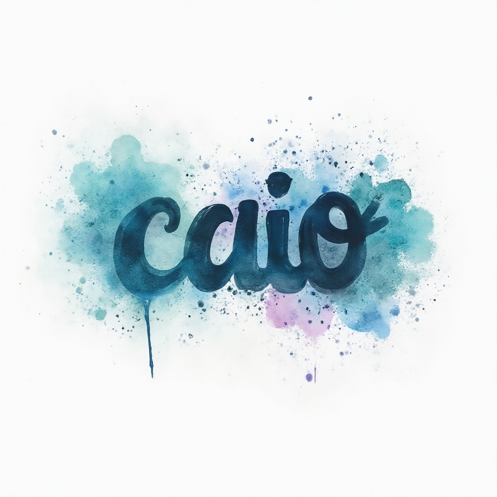 Watercolor tattoo concept of the name caio formed by fluid brushstroke lettering with colorful splashes on a white background.