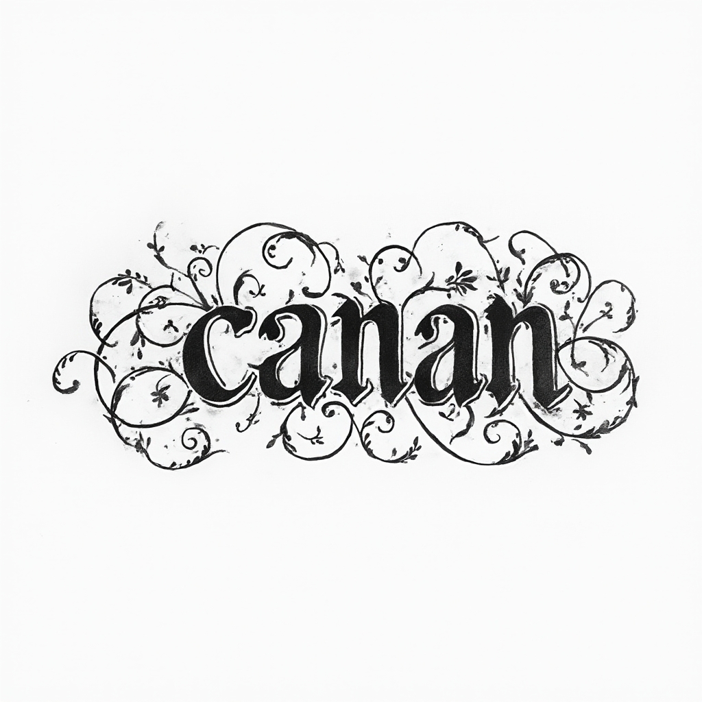 Ornamental tattoo concept where the name canan is hidden within flowing filigree-style black ink lines on white