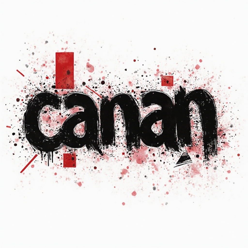Trash Polka-style tattoo concept where the name canan is suggested by bold black and red abstract letter forms on white
