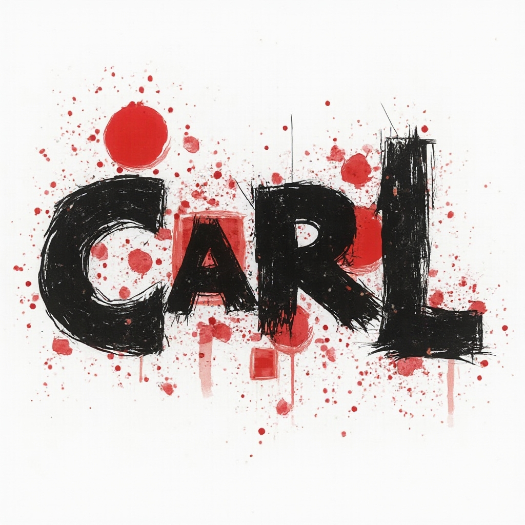 Trash Polka style tattoo concept where the name carl is built from distressed black lettering and bold red shapes on a white background