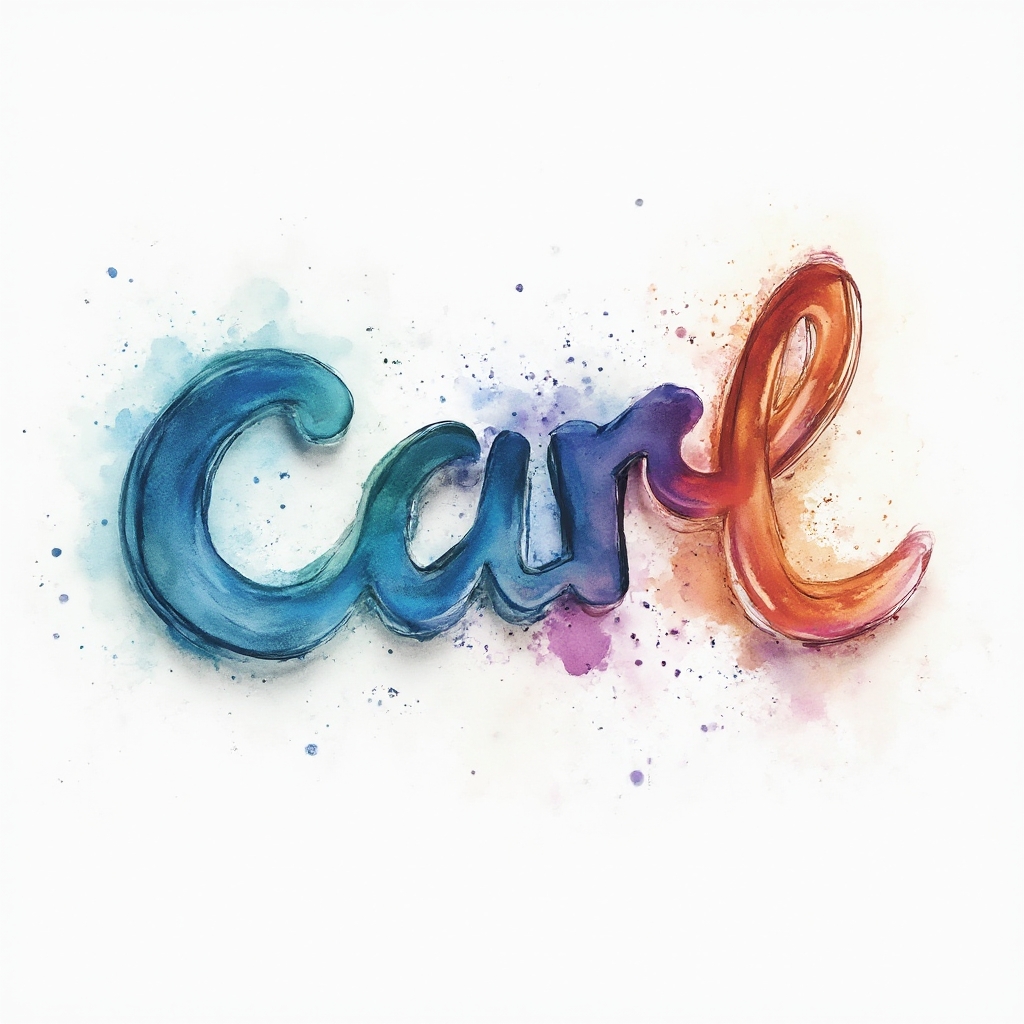 Watercolor splash tattoo concept where the name carl is painted as colorful brushstroke lettering on a white background
