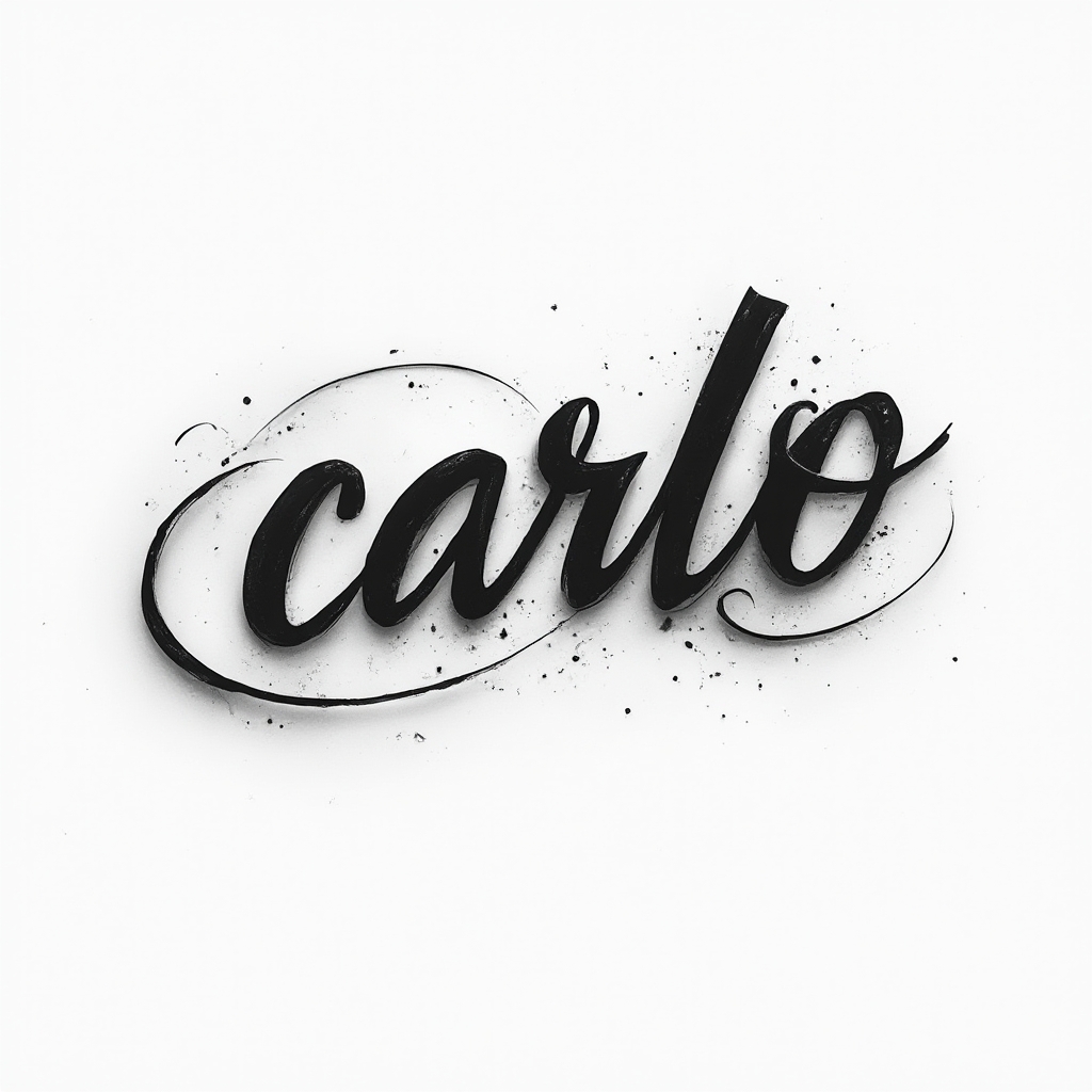 Monochrome dimensional tattoo concept of the name carlo in flowing, interlocking lettering on white background
