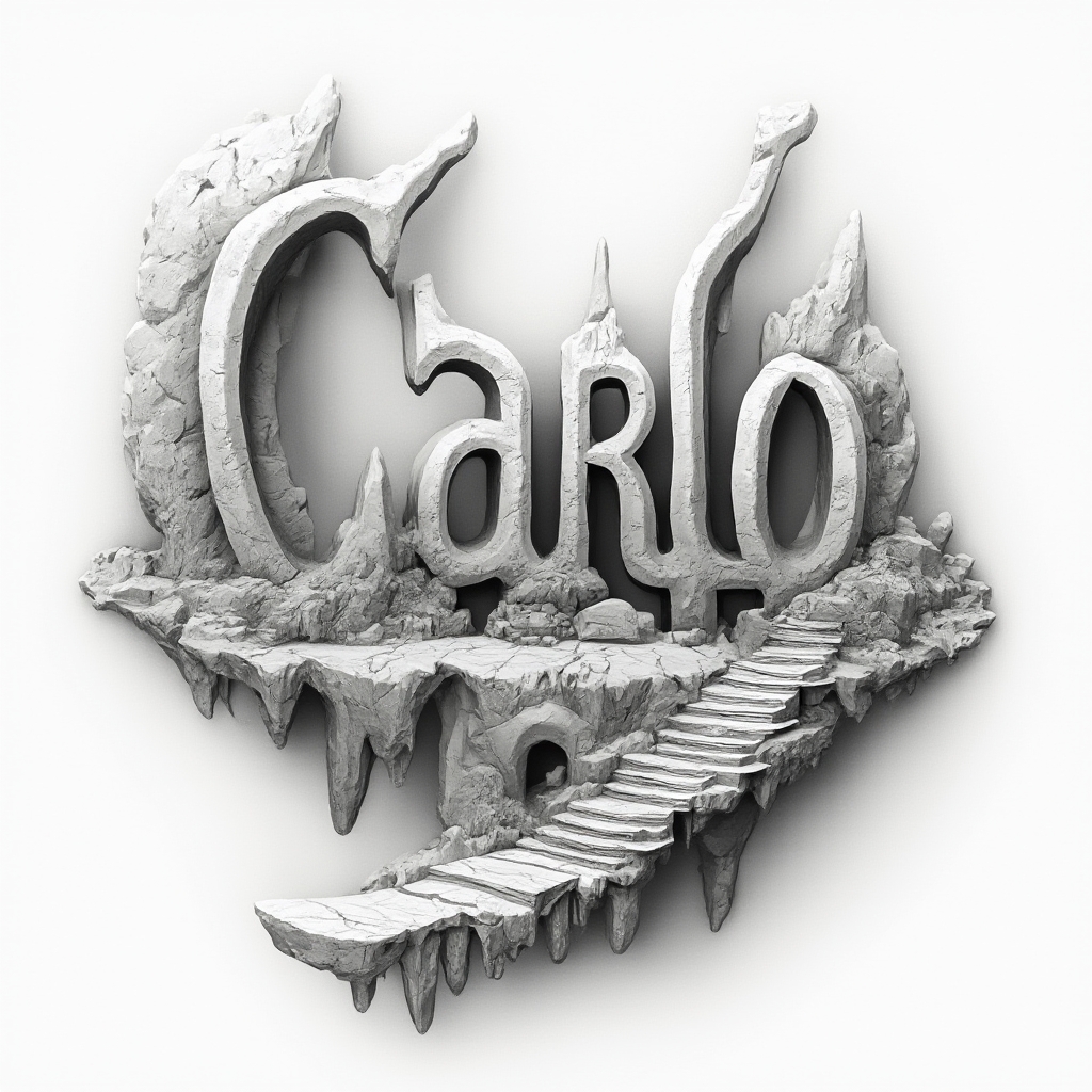 Surreal tattoo concept with the name carlo transformed into impossible architectural lettering on white background