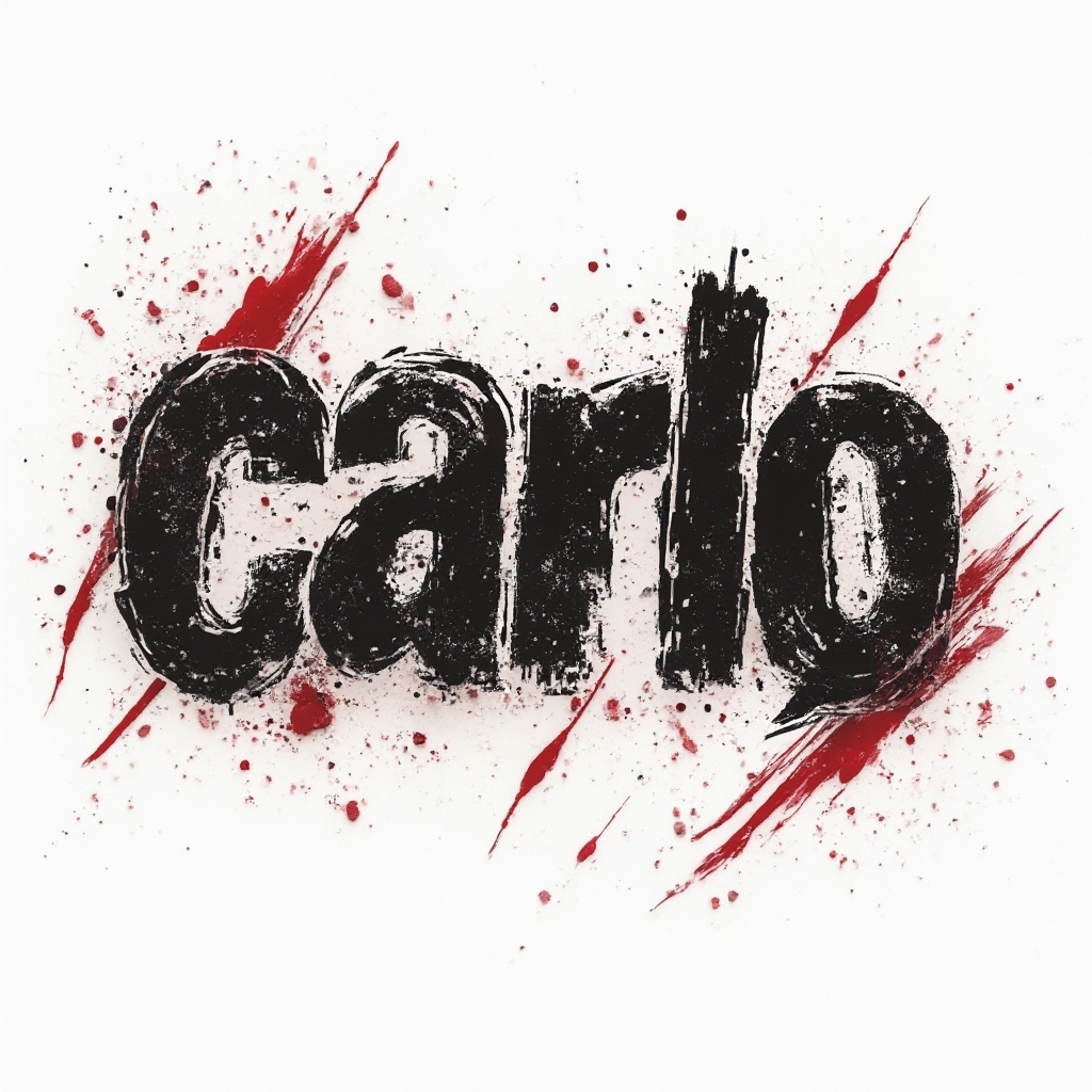 Trash Polka tattoo concept of the name carlo with distressed black and red lettering on white background