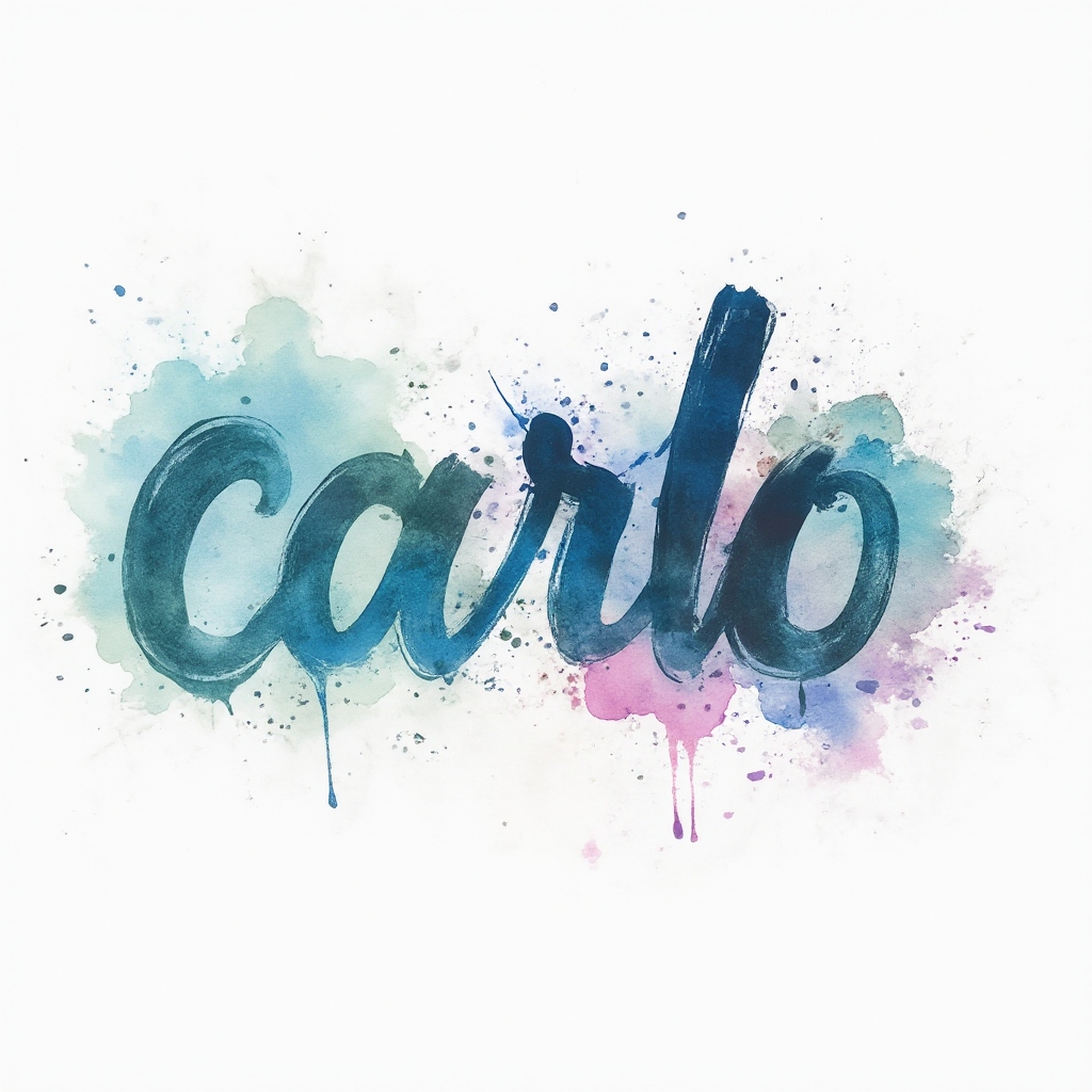 Watercolor tattoo concept of the name carlo in fluid brush lettering with colorful splashes on white background