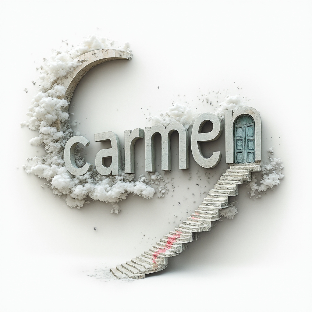 Surreal dreamlike composition where the letters of carmen become impossible structures on a white background.