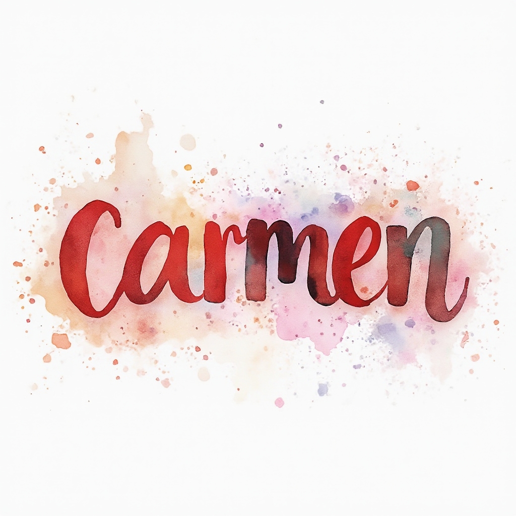 Watercolor-style artistic rendering of the name carmen with colorful splashes on a white background.