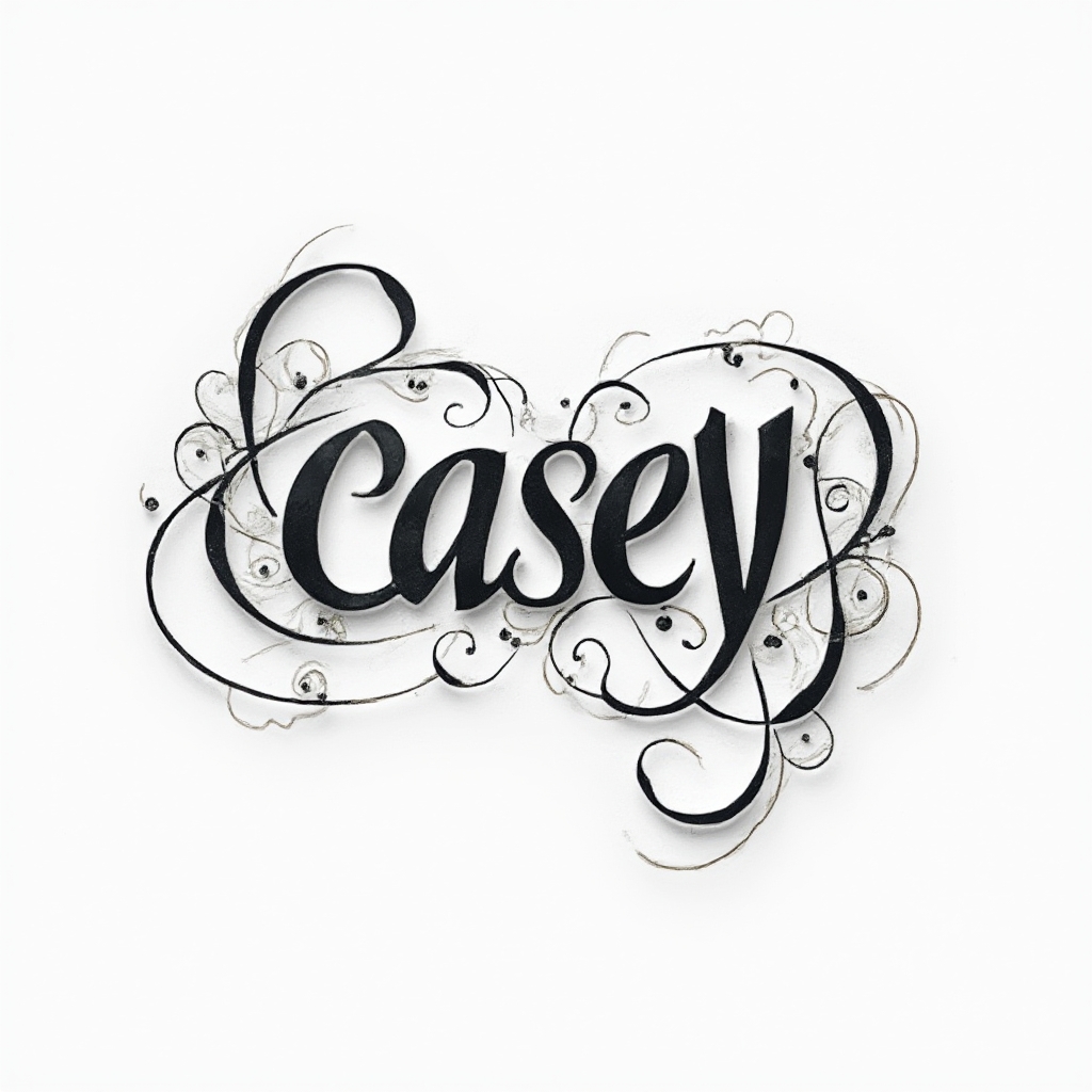Abstract ornamental tattoo concept where the name casey is formed by interlocking curves and decorative lines on white.
