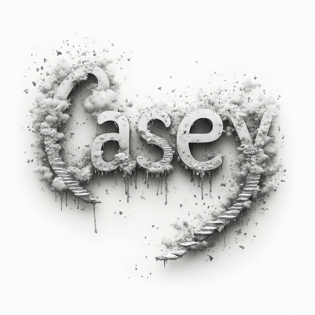 Surreal dreamscape tattoo concept where the name casey is formed by melting shapes and impossible structures on a white background.