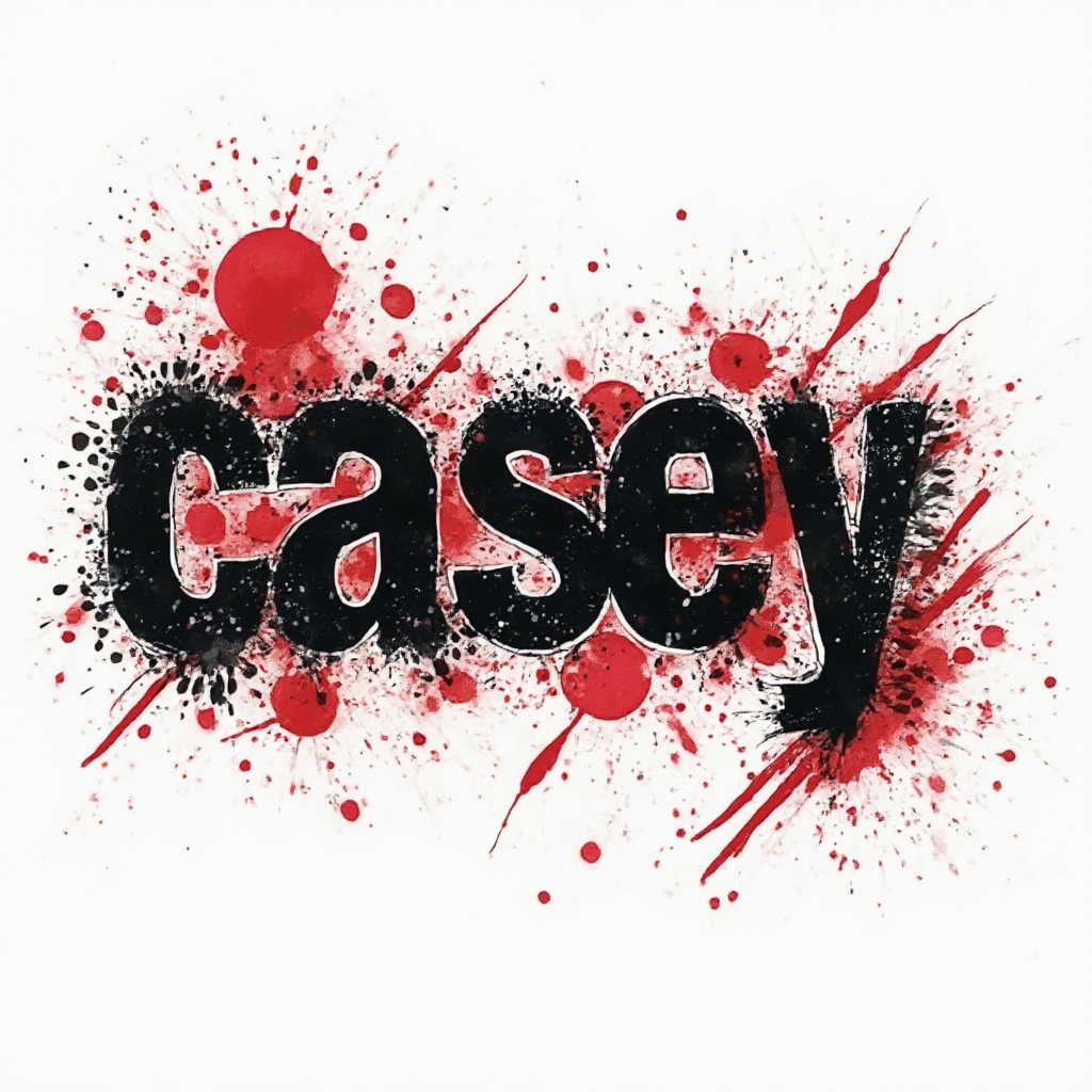 Trash Polka style tattoo concept where the name casey is built from bold black strokes, red splashes, and distressed textures on white.