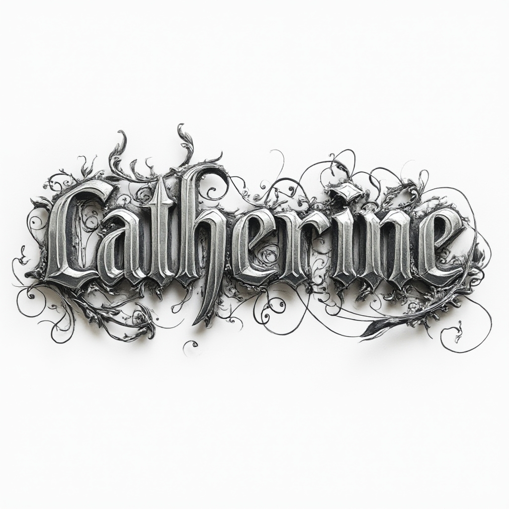 The name catherine written in highly ornate, interlocking black and gray ornamental lettering on a white background.
