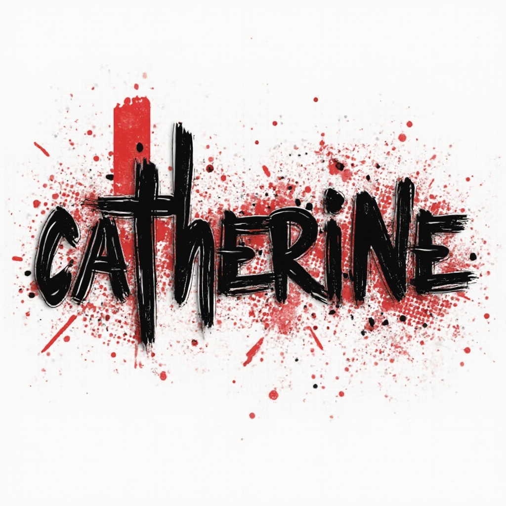 The name catherine in bold black and red Trash Polka style lettering on a white background.