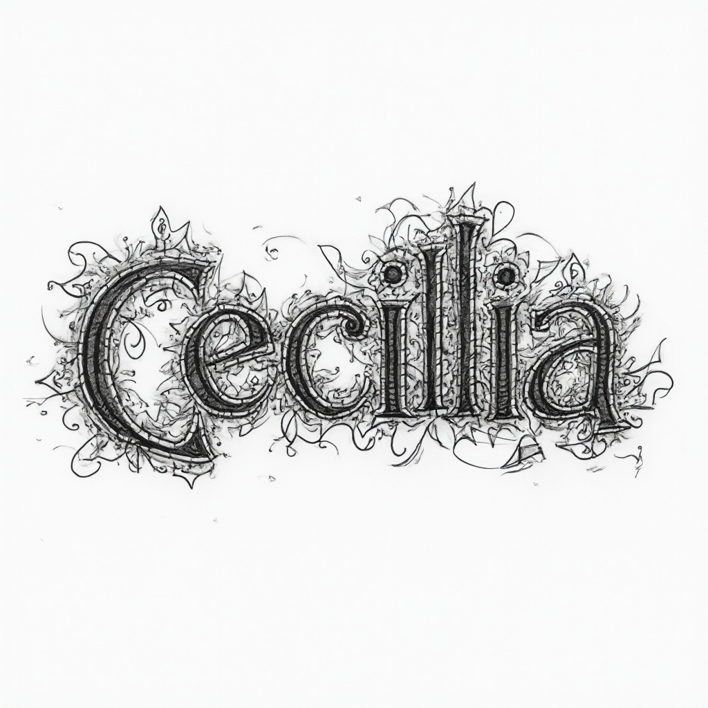 Highly detailed ornamental blackwork tattoo concept forming the name cecilia on white background