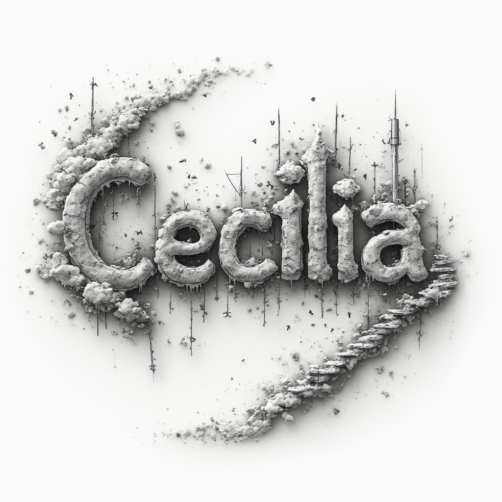 Surreal tattoo concept forming the name cecilia with impossible floating architectural letterforms on white background