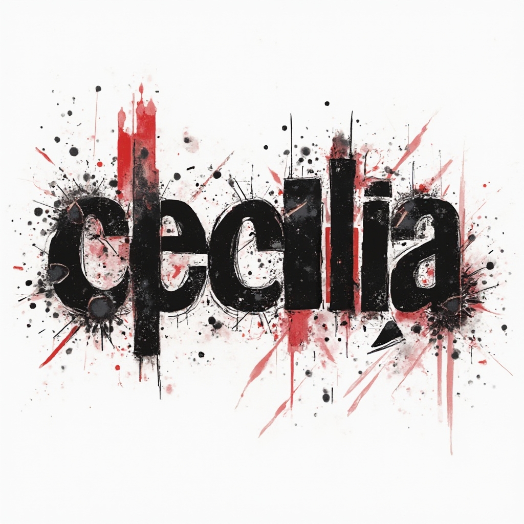 Trash Polka tattoo design of the name cecilia with bold black and red abstract lettering on white background
