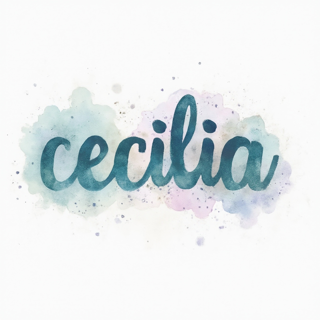 Watercolor splash tattoo concept of the name cecilia with flowing multicolor brushstroke lettering on white background