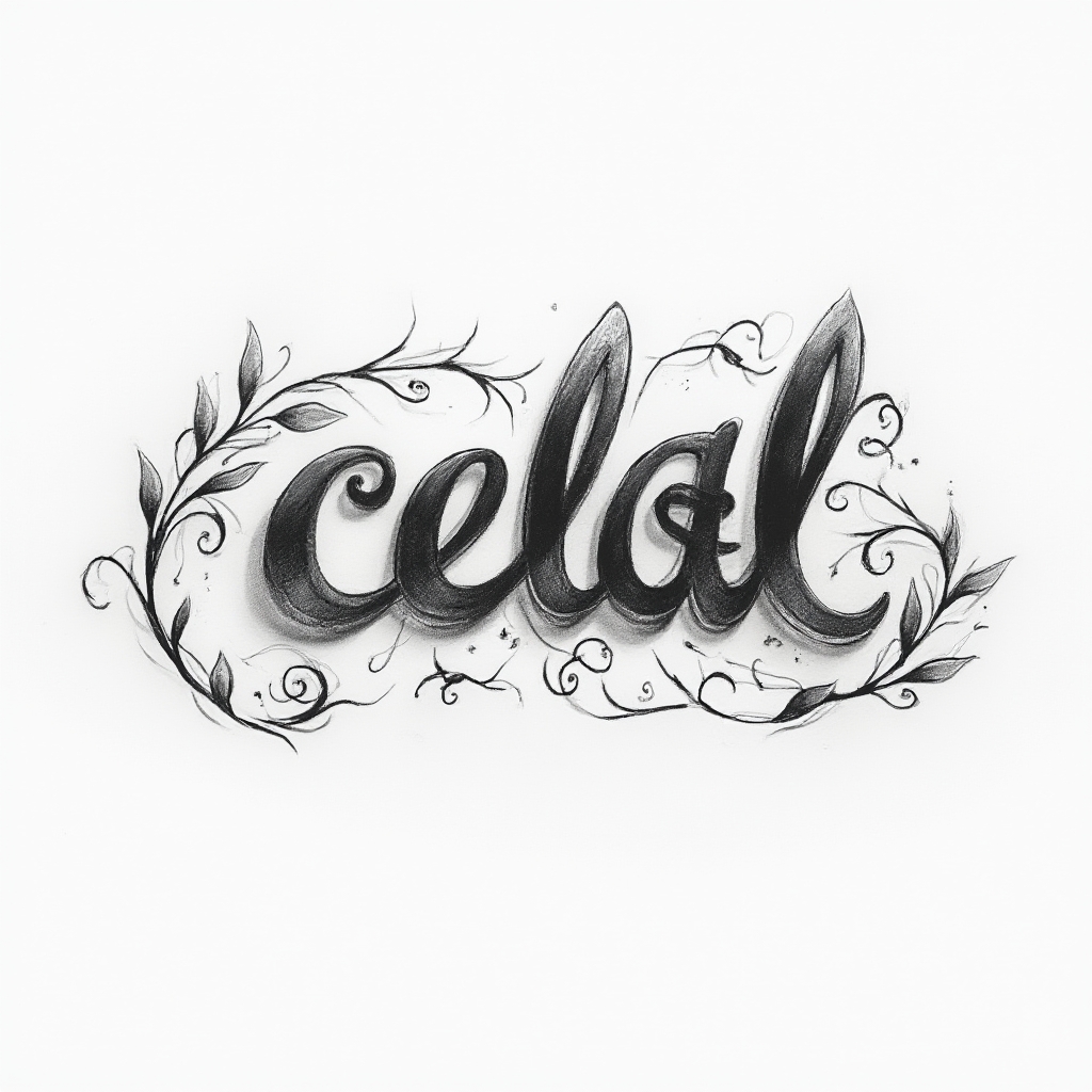 Ornate dimensional script tattoo concept of the name celal in black on a white background.