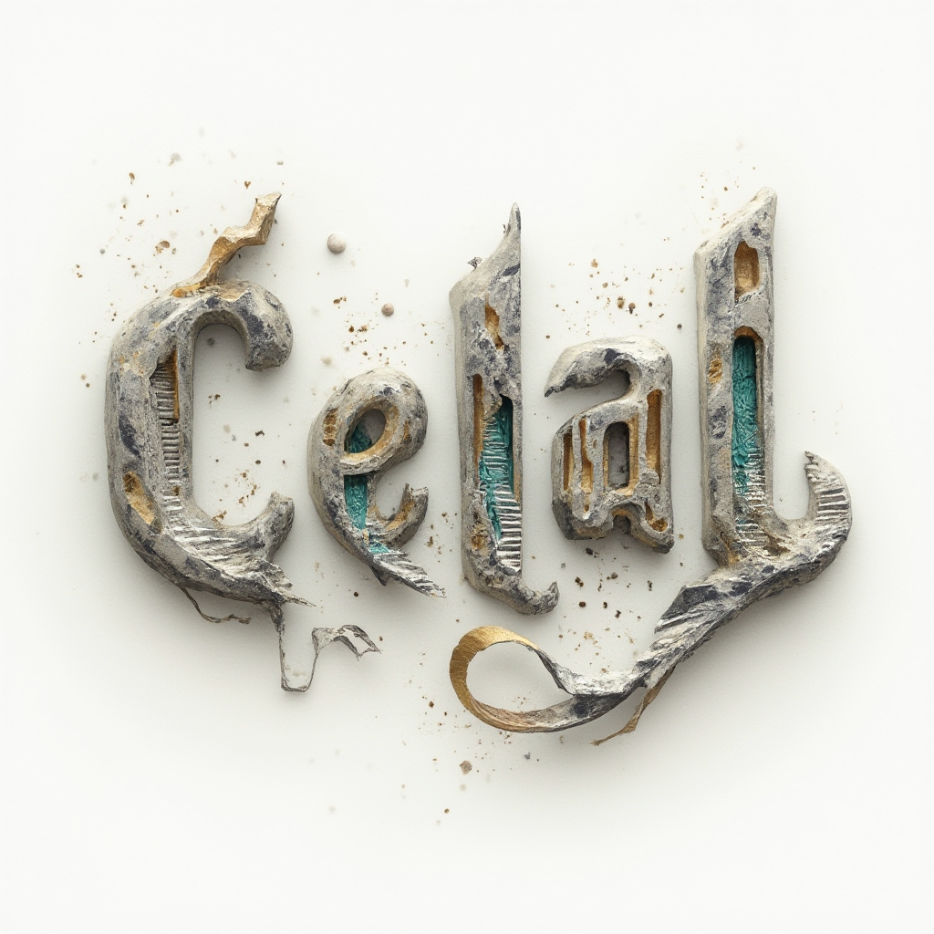 Surreal tattoo design where the name celal is built from impossible floating structures on a white background.