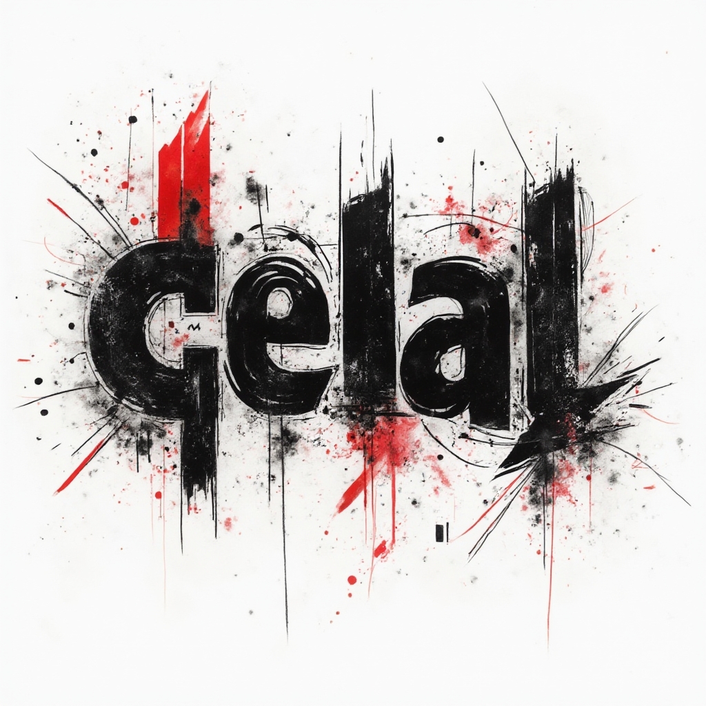 Trash Polka style tattoo concept with the name celal formed from bold black fragments and red splashes on white.