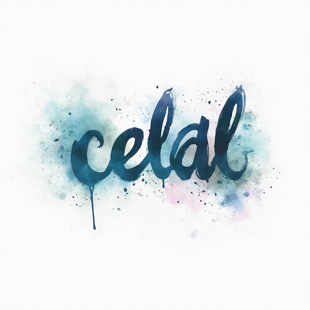 Watercolor tattoo concept where the name celal is painted in fluid multicolor washes on a white background.