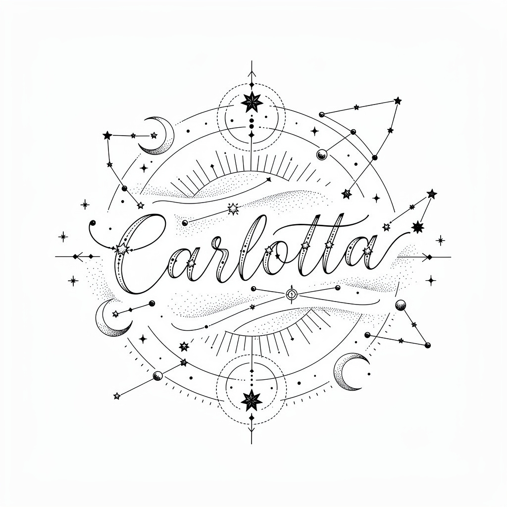 Celestial fine-line tattoo design of the name Carlotta on a white background.