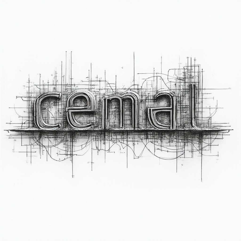 Abstract structural line-art tattoo concept of the name cemal in black on white.