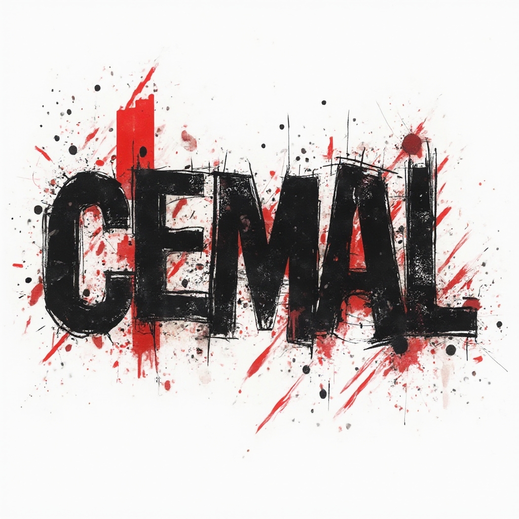 Trash Polka tattoo concept of the name cemal with bold black and red graphic elements on white.