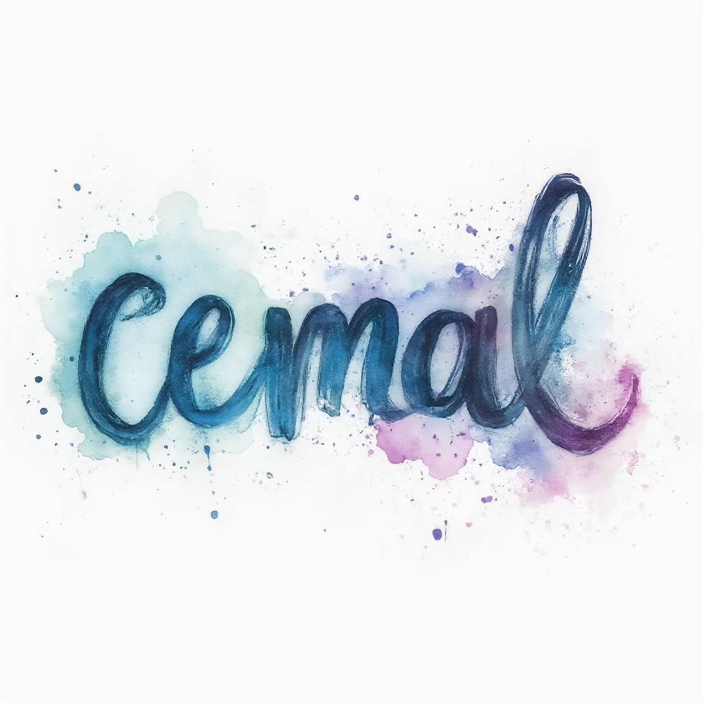 Watercolor calligraphy tattoo concept of the name cemal with colorful splashes on white background.
