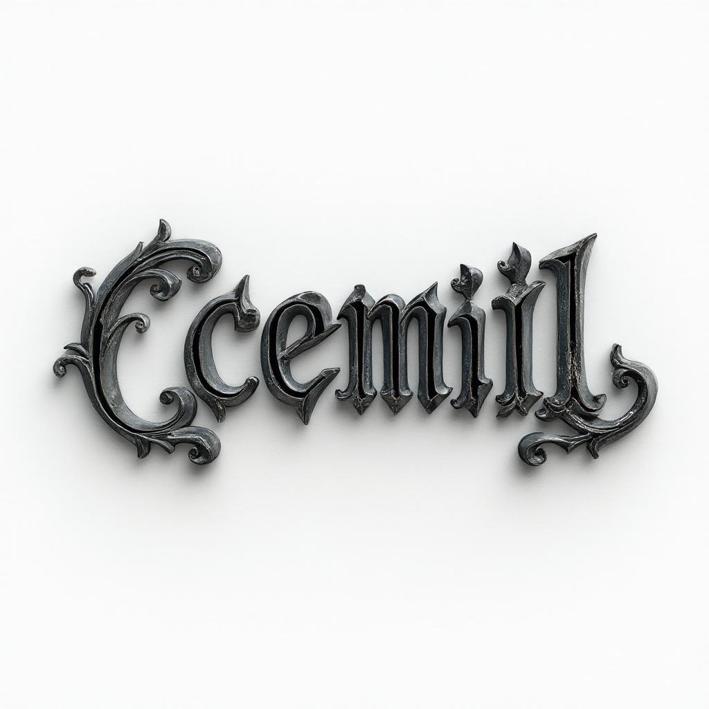 Dimensional metallic emblem tattoo concept where the name cemil is formed as interlocking ornamental glyphs on white background.