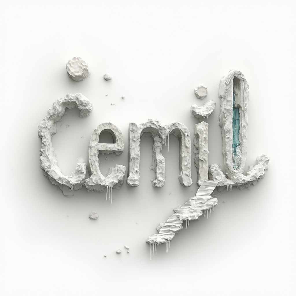 Surreal tattoo concept where the name cemil is made from impossible objects and dreamlike architectural forms on white background.