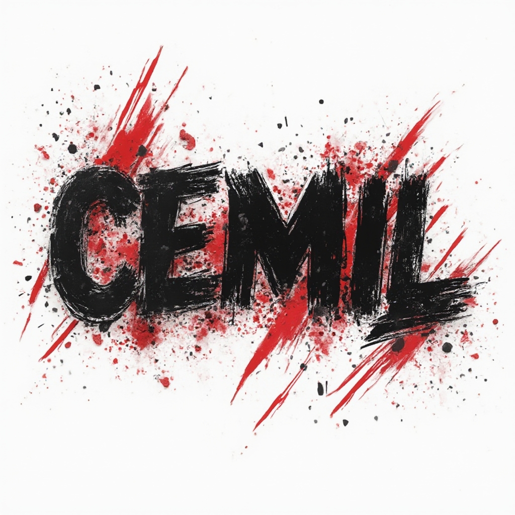 Trash Polka tattoo concept with the name cemil in bold black lettering, red splashes, and grunge textures on white background.