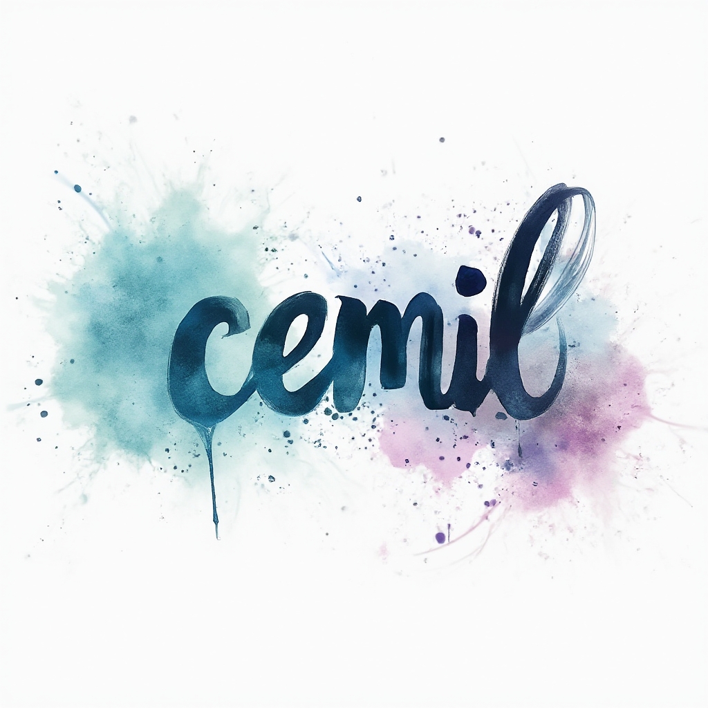 Watercolor tattoo concept where the name cemil is formed from flowing ink strokes and colorful paint splashes on white background.