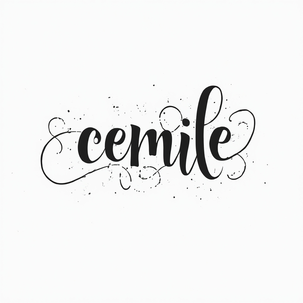 Minimal, elegant script tattoo concept where the name cemile flows as a single continuous black line on white.
