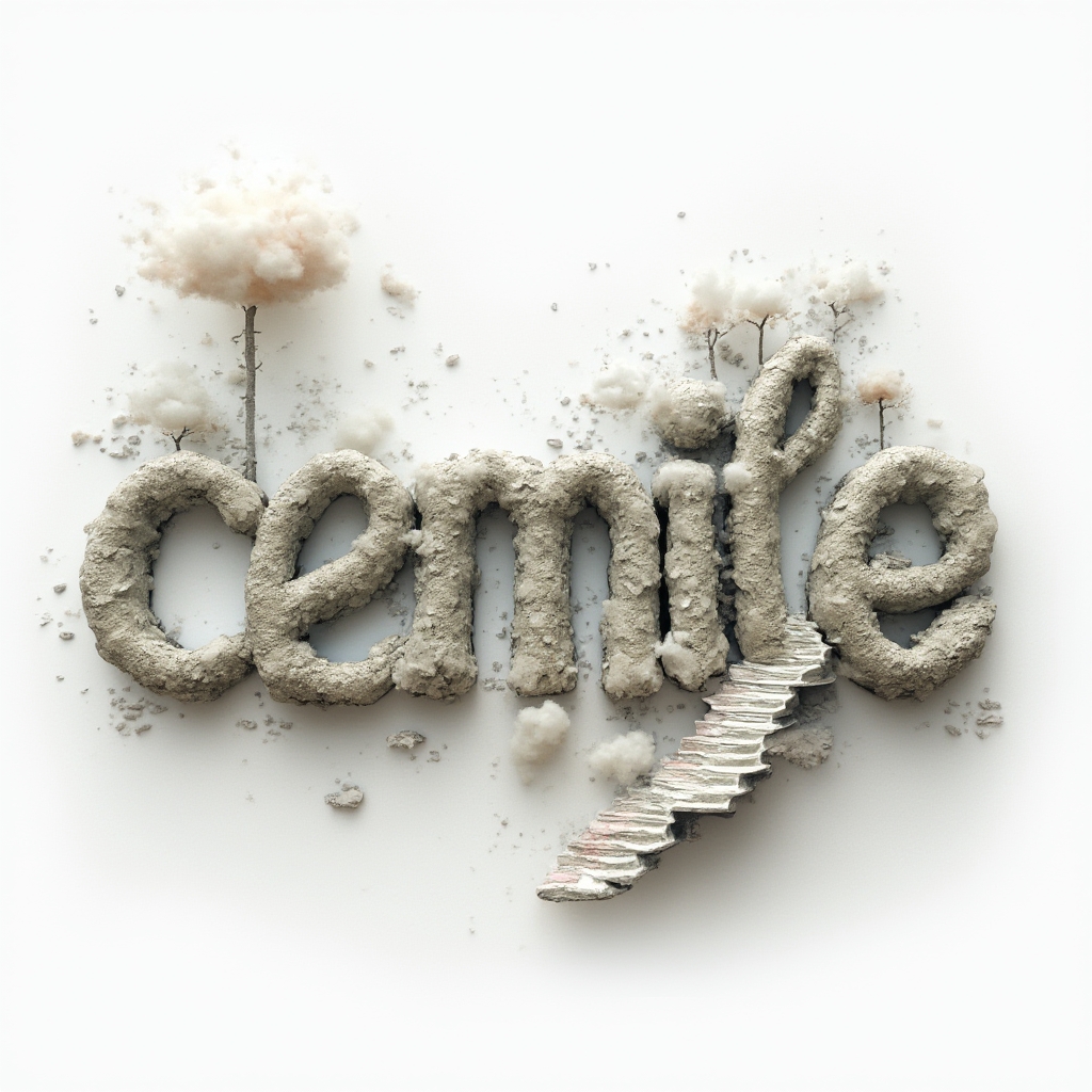 Surreal tattoo design where the name cemile is built from dreamlike, impossible structures on a white background.