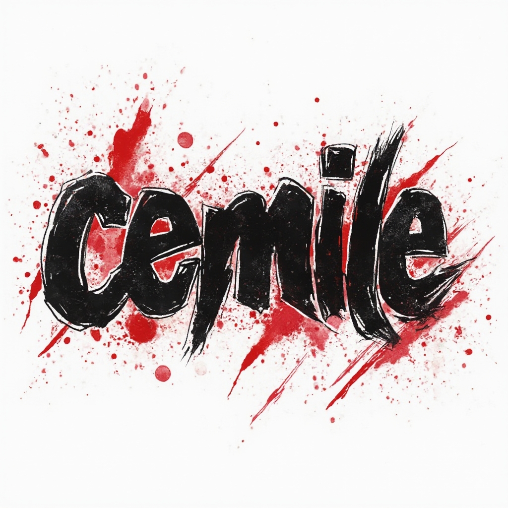 Trash Polka-style tattoo artwork where the name cemile appears in rough, black-and-red graphic lettering on white.