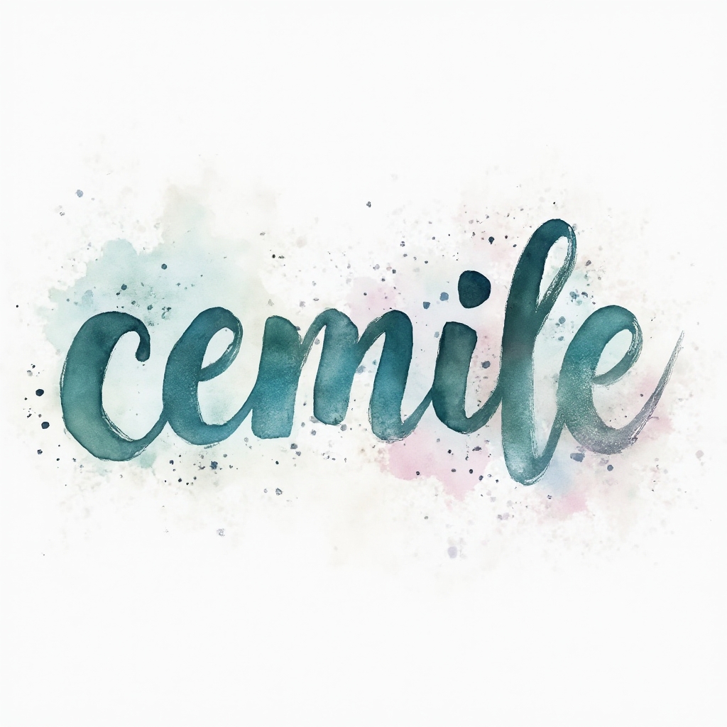 Watercolor-style tattoo concept where the name cemile is painted as fluid, colorful letters on a white background.