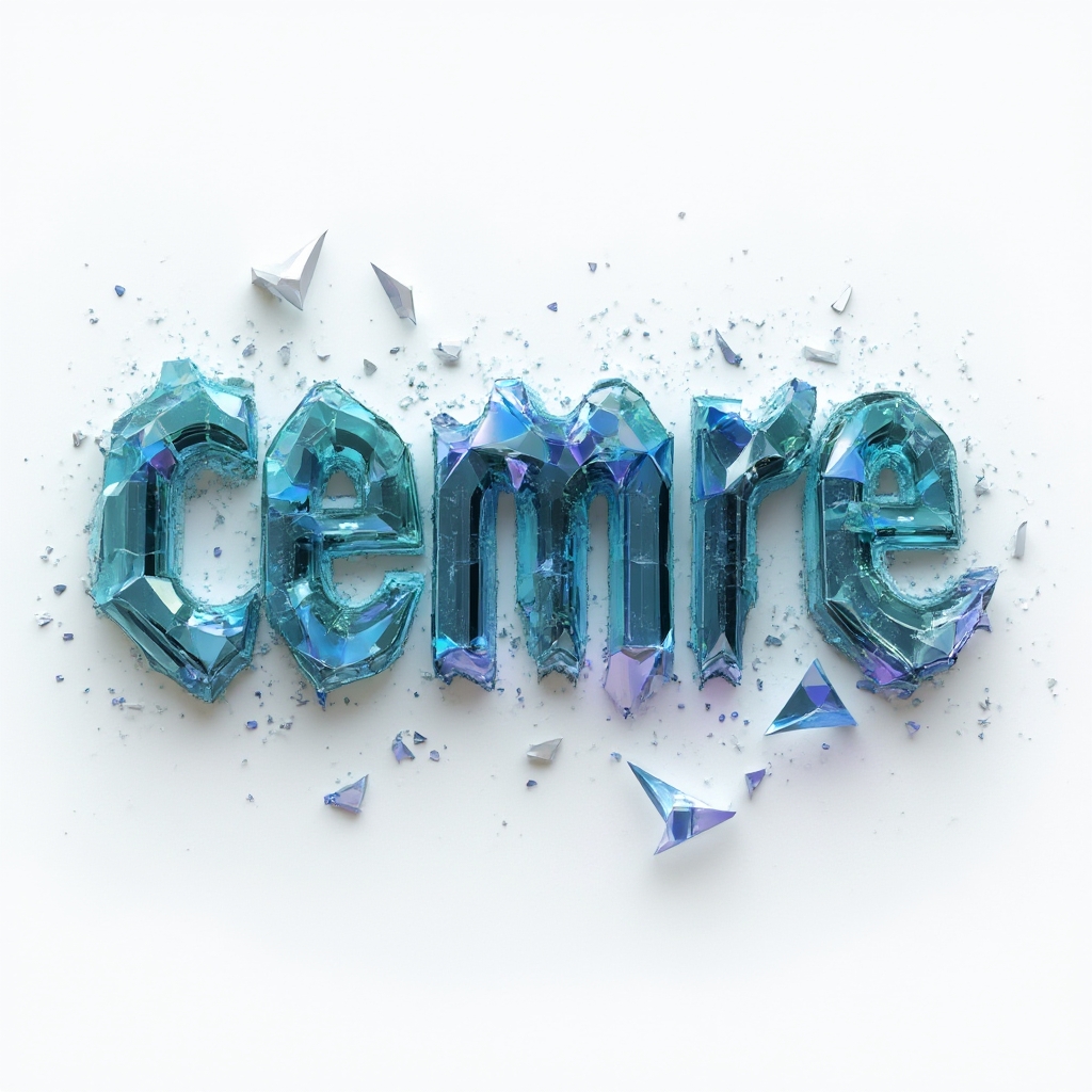 Futuristic tattoo concept of the name cemre made of glowing crystal shards on a white background